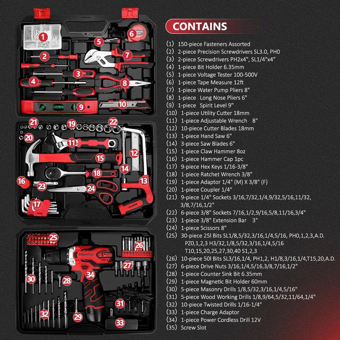 Gtool 276-Piece Tool Set – 12V Cordless Power Drill Driver with Toolbox & Storage Drawer