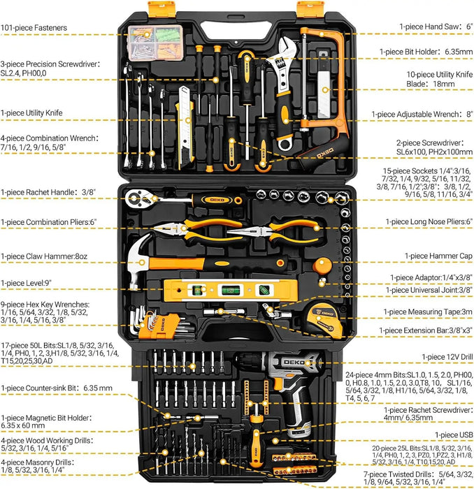 DEKOPRO 12V Cordless Drill & Tool Set – Complete Home Repair Kit