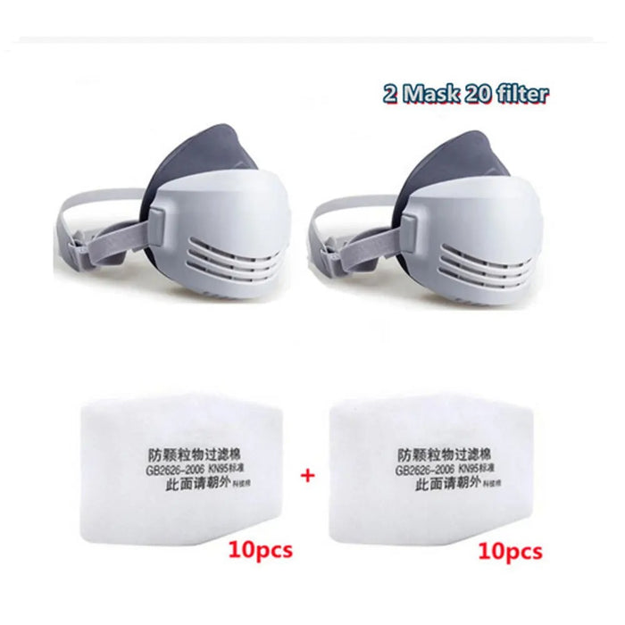 "Half Face Dust Mask Respirator – Includes 20 Replaceable Filters for Industrial, Construction, and Safety Protection"