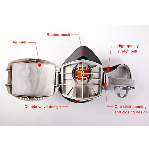 "Half Face Dust Mask Respirator – Includes 20 Replaceable Filters for Industrial, Construction, and Safety Protection"