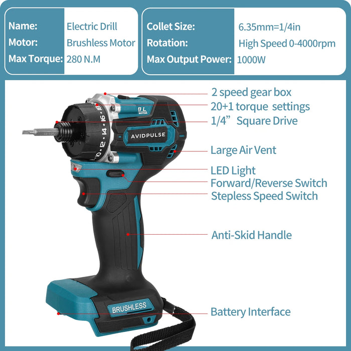 20+1 Torque 1/4inch Brushless Electric Screwdriver Cordless 280N.m Electric Drill Power Tool For Makita 18v Battery