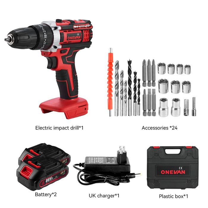 ONEVAN 500W Electric Impact Drill Set Hammer 38N.M Drill Cordless Screwdriver Woodworking Power Tools For Makita 18V Battery