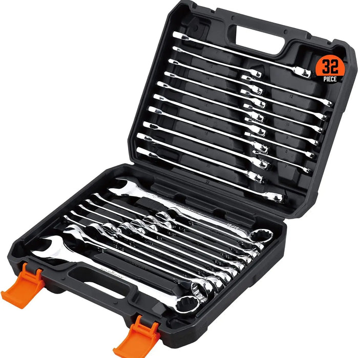 32-Piece SAE & Metric Combination Wrench Set (1/4"-1" & 7mm-22mm) – 12-Point Chrome Vanadium Steel with Storage Case