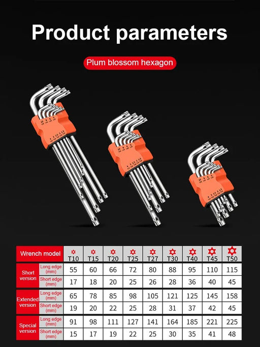 9-Piece Torx Star Wrench Set – Double-End L-Type Hex Key Set for Hand Repair & Automotive Use