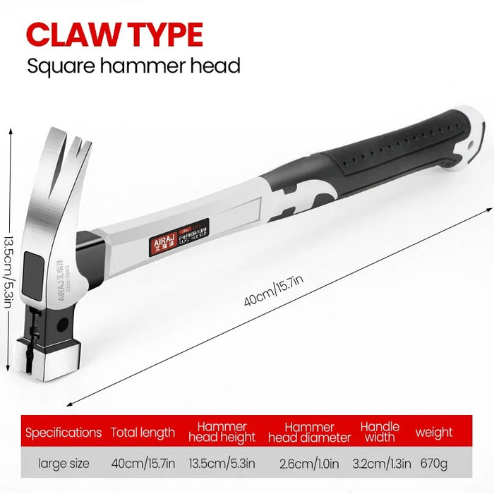 AIRAJ Claw Hammer Stainless Steel Long Handle Double Nail Groove Hammer Labor-Saving Anti-Skid Multifunctional Manual Tool