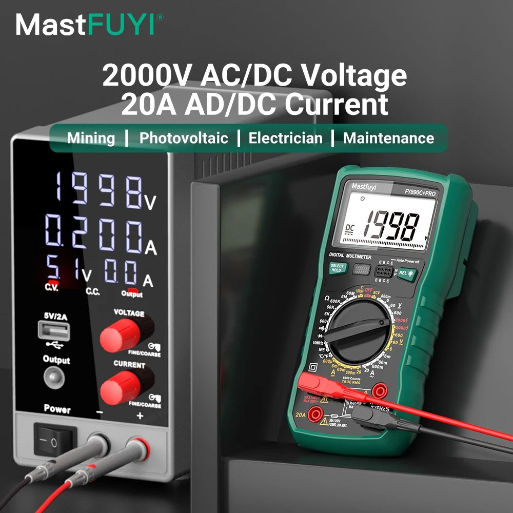 MASTFUYI 2000V/20A True RMS Digital Multimeter – 6000 Counts, Photovoltaic Tester with Ohm, Hz, Capacitance, Diode & NCV Detection