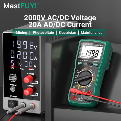 MASTFUYI 2000V/20A True RMS Digital Multimeter – 6000 Counts, Photovoltaic Tester with Ohm, Hz, Capacitance, Diode & NCV Detection