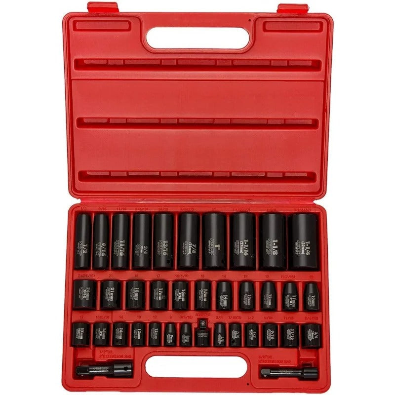 02443A 3/8" & 1/2" Drive Master Impact Socket Set – 38-Piece SAE & Metric, Deep & Shallow