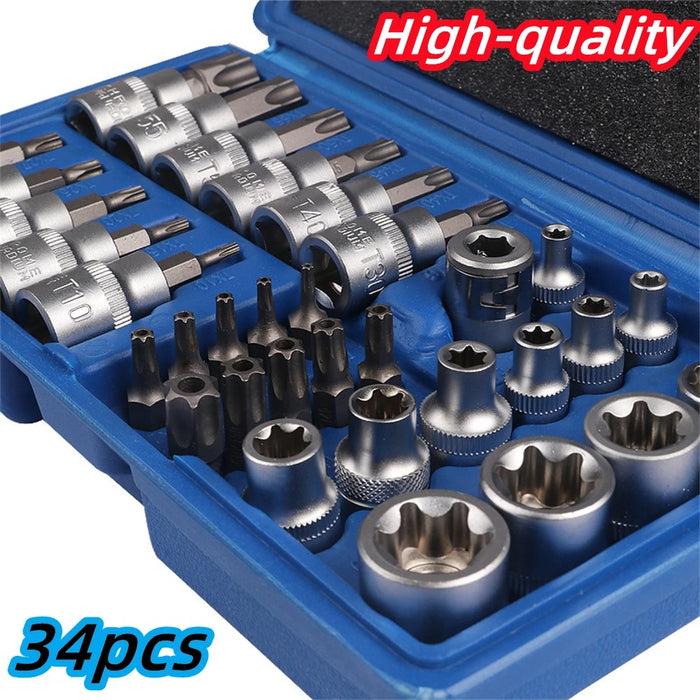 Premium 34PCS Torx Star Socket & Bit Set – Male & Female E-Security Bits – High-Torque Drive Hand Tool Set