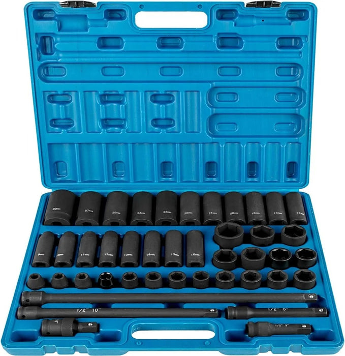 Heavy-Duty 1/2-Inch Drive Impact Socket Set – High-Torque Metric Socket Assortment (9-30mm) with 4 Extension Bars