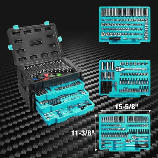 497-Piece Mechanics Tool Set – SAE/Metric Sockets, 90-Tooth Ratchet & Wrench Set in 3-Drawer Tool Box