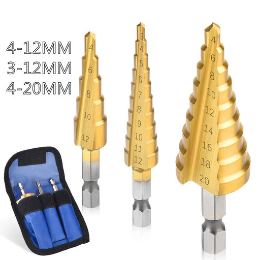 HSS Titanium-Coated Step Drill Bit Set – 3-12mm, 4-12mm, 4-20mm Cone Drill Bits for Wood, Metal & Steel