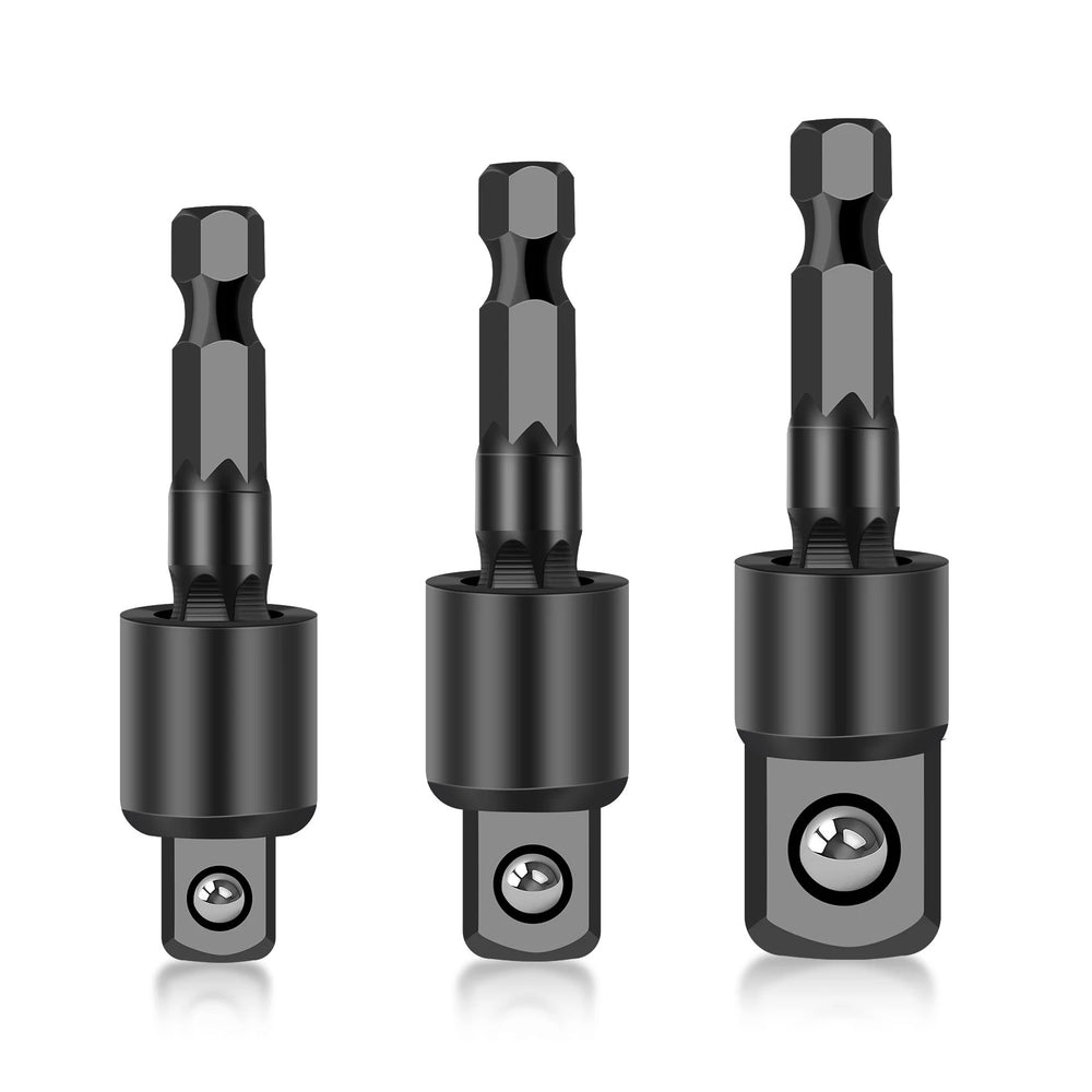 3PC Wobble Socket Adapters – Universal Joint Swivel Socket Set | 1/4 Inch Hex Shank to 1/4, 3/8, 1/2 Square Socket Drives