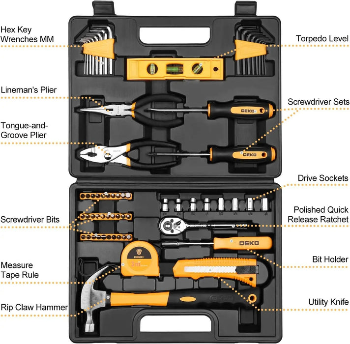 DEKO 65-Piece General Household Tool Set – Compact Hand Tool Kit with Storage Case