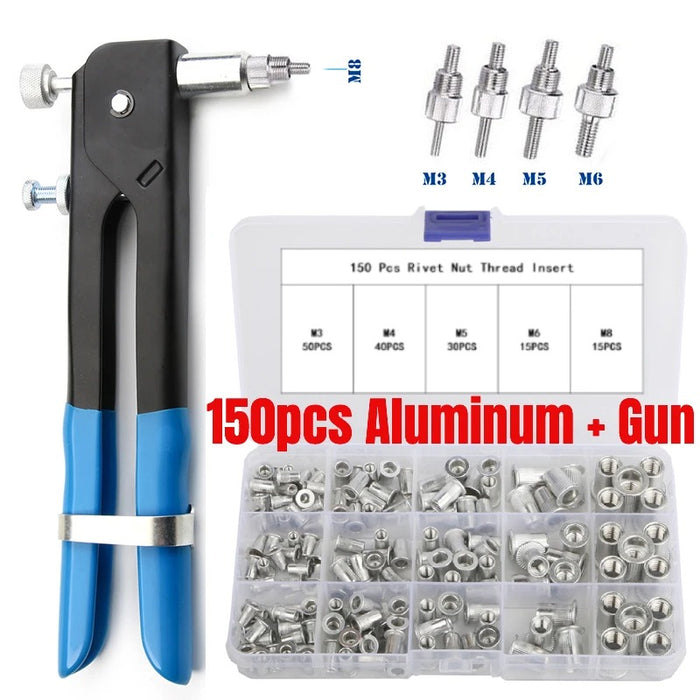 150PCS Aluminum & Steel Threaded Rivet Nut Insert Assortment Kit – M3/M4/M5/M6/M8 Sizes for Rivet Gun & Riveting Applications