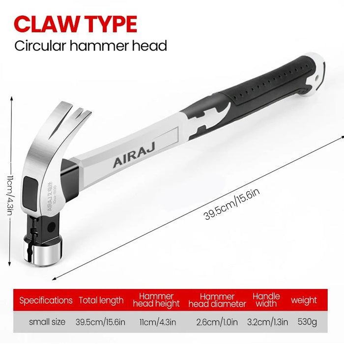 AIRAJ Claw Hammer Stainless Steel Long Handle Double Nail Groove Hammer Labor-Saving Anti-Skid Multifunctional Manual Tool