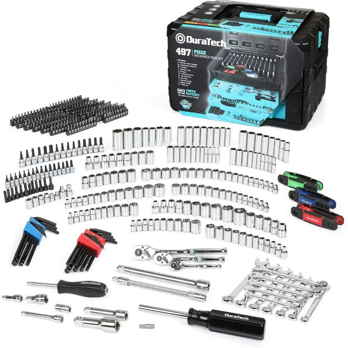 497-Piece Mechanics Tool Set – SAE/Metric Sockets, 90-Tooth Ratchet & Wrench Set in 3-Drawer Tool Box