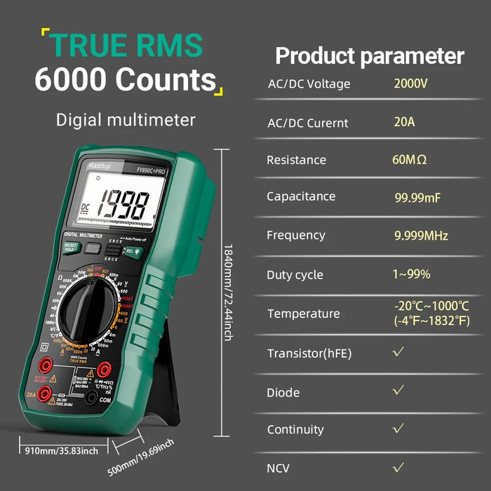 MASTFUYI 2000V/20A True RMS Digital Multimeter – 6000 Counts, Photovoltaic Tester with Ohm, Hz, Capacitance, Diode & NCV Detection