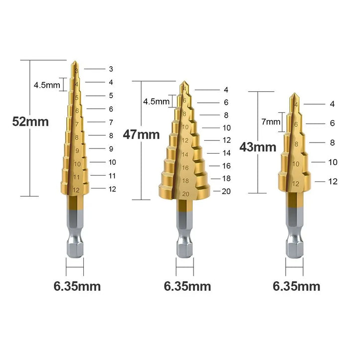 HSS Titanium-Coated Step Drill Bit Set – 3-12mm, 4-12mm, 4-20mm Cone Drill Bits for Wood, Metal & Steel