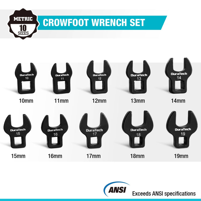 DURATECH CROWS FOOT WRENCH SET – 3/8" DRIVE, 10PCS CR-V STEEL, LARGE METRIC 10-19MM, WITH STORAGE CASE