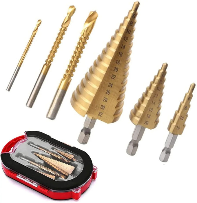 6-Piece Titanium Step Drill Bit & Milling Cutter Set – Precision Drilling for Wood & Metal (4-12mm, 4-20mm, 4-32mm, 3mm, 6mm, 8mm)