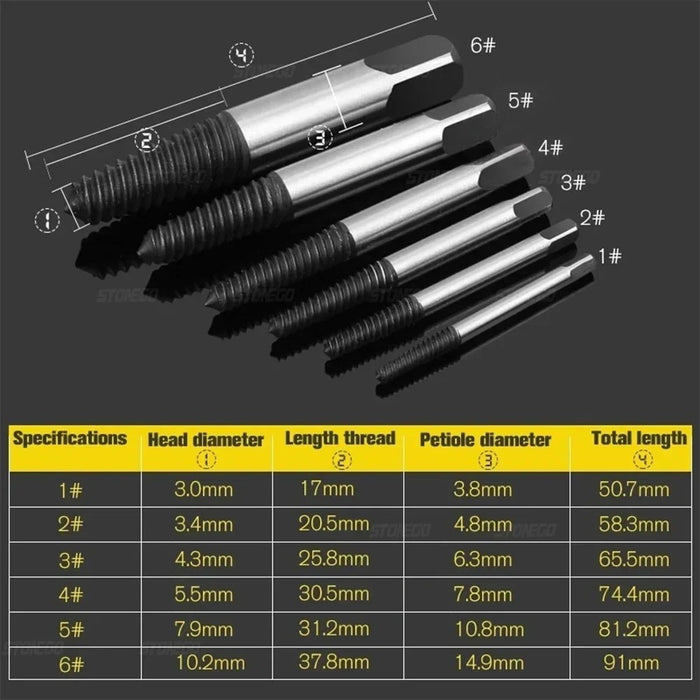 STONEGO 5PCS/6PCS Broken Screw Extractor Set Carbon Steel Double Sided Screw Removal Drill Bits Tap & Die Hand Tools