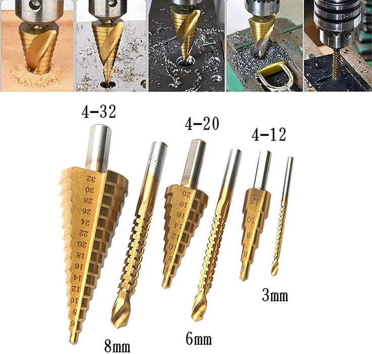 6-Piece Titanium Step Drill Bit & Milling Cutter Set – Precision Drilling for Wood & Metal (4-12mm, 4-20mm, 4-32mm, 3mm, 6mm, 8mm)