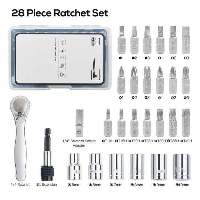 28-in-1 Mini Ratchet Wrench Set – 72-Tooth Offset Ratchet, Screwdriver & 1/4" Socket Set