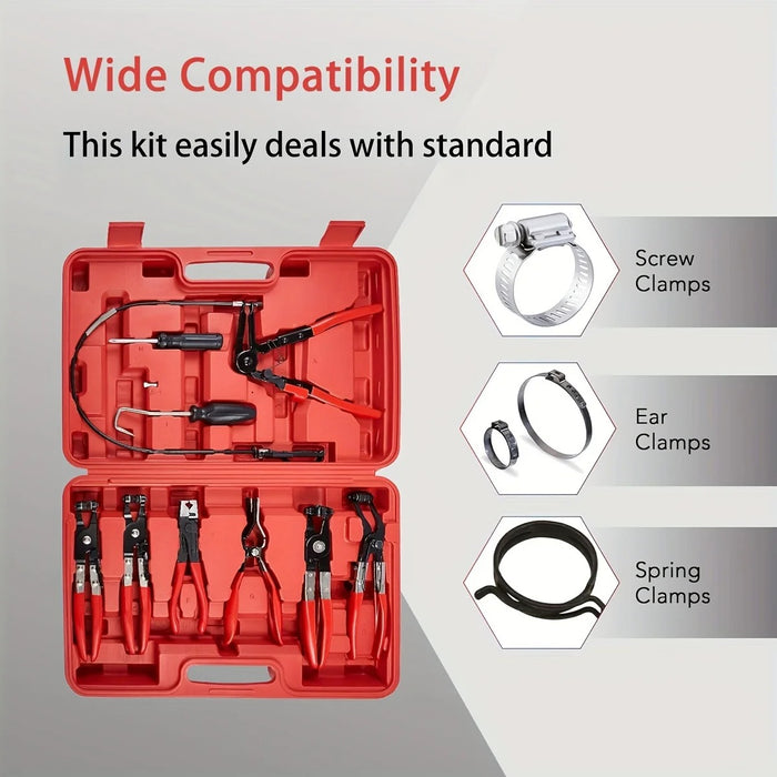 9-Piece Long Reach Hose Clamp Pliers Set – Fuel, Oil, and Water Hose Removal Tool Kit (Red)