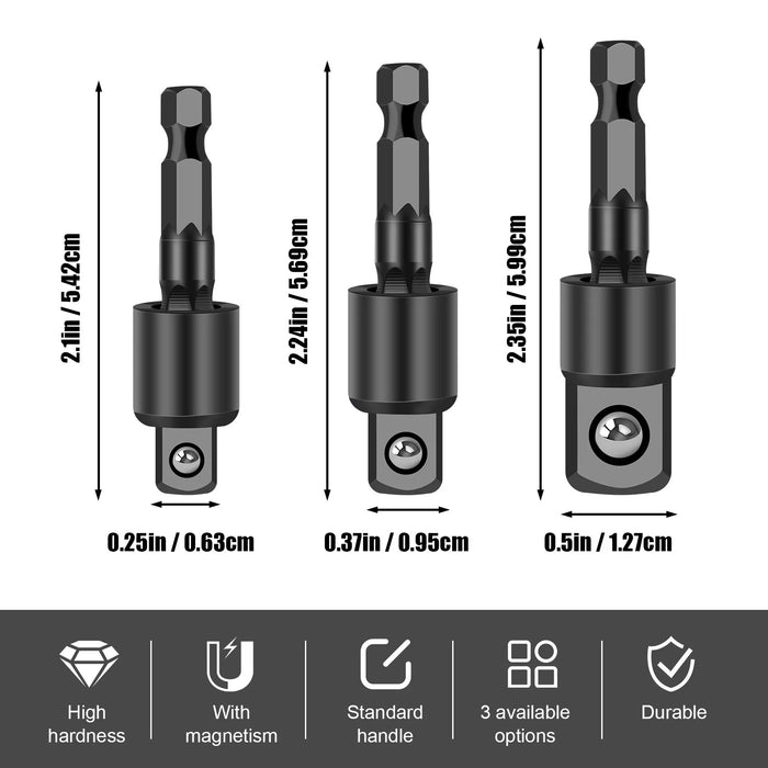 3PC Wobble Socket Adapters – Universal Joint Swivel Socket Set | 1/4 Inch Hex Shank to 1/4, 3/8, 1/2 Square Socket Drives