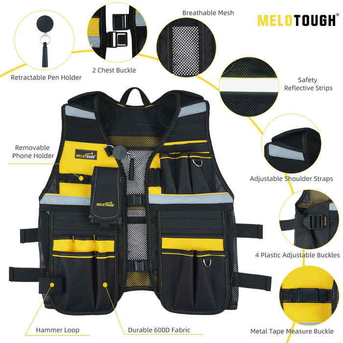 MELOTOUGH Reflective Safety Tool Vest – Adjustable with Removable Phone Holder