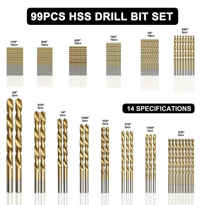 99pcs 1/4"-1/16" Twist Drill Set Anti-rust Wear Protection High Speed Steel Titanium Coated Drill Bit Landing