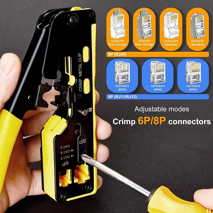 Professional RJ45 Crimping Tool Kit – Integrated Ethernet Crimper for Cat6/Cat5, Ratchet Modular Data Cable Crimper