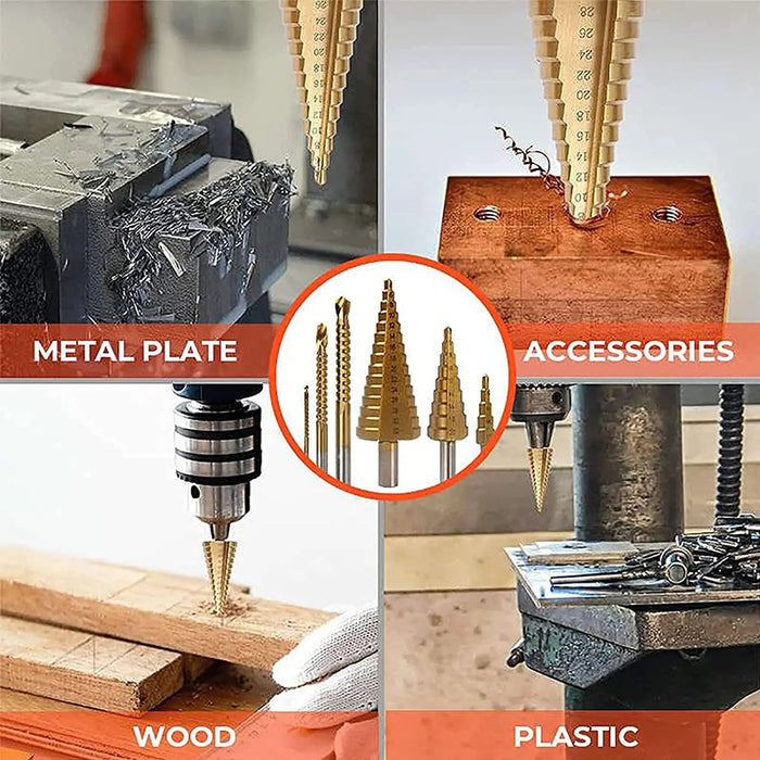 6-Piece Titanium Step Drill Bit & Milling Cutter Set – Precision Drilling for Wood & Metal (4-12mm, 4-20mm, 4-32mm, 3mm, 6mm, 8mm)