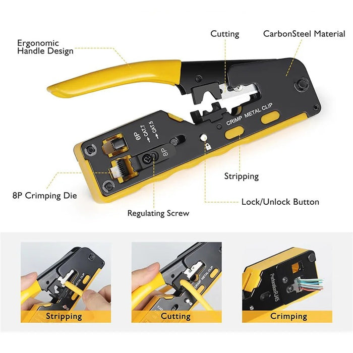 Professional RJ45 Crimping Tool Kit – Integrated Ethernet Crimper for Cat6/Cat5, Ratchet Modular Data Cable Crimper