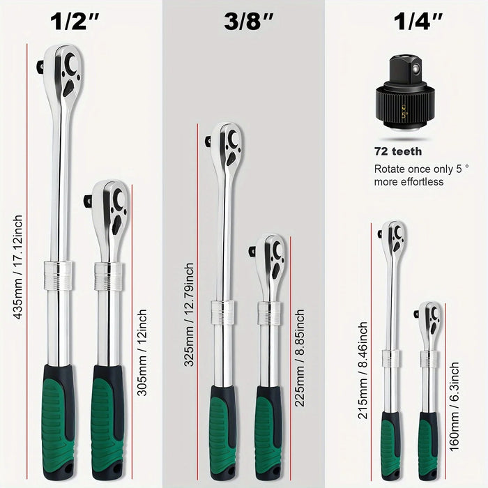 6PCS 1/4", 3/8", 1/2" DRIVE 72-TOOTH EXTENDABLE RATCHET WRENCH SET – QUICK-RELEASE & REVERSIBLE SOCKET WRENCHES