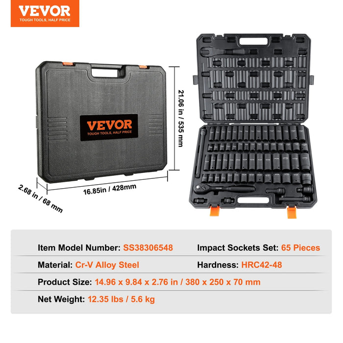 VEVOR 1/2" DRIVE IMPACT SOCKET SET – 6-POINT CR-V ALLOY STEEL, EASY-TO-READ MARKINGS, HEAVY-DUTY AUTO REPAIR TOOL