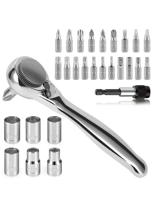 28-in-1 Mini Ratchet Wrench Set – 72-Tooth Offset Ratchet, Screwdriver & 1/4" Socket Set