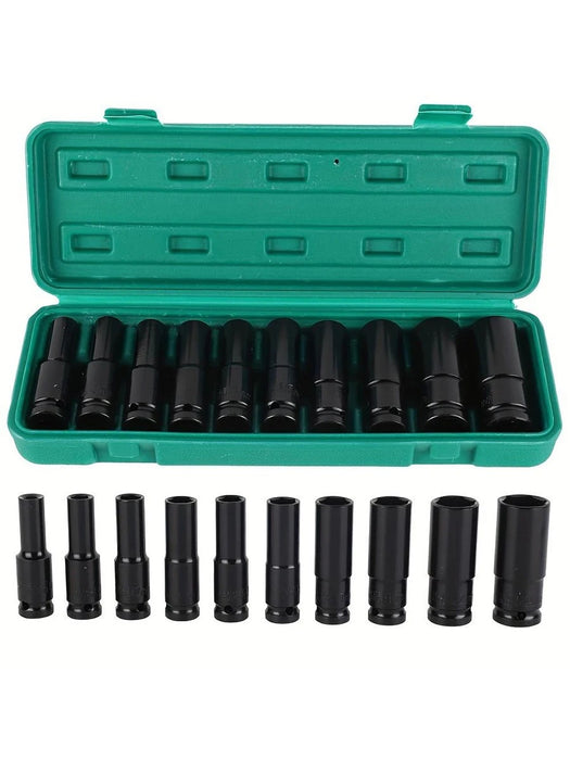 10-Piece Durable Metal Hexagonal Sleeve Set – Extended Socket Wrench Kit (10-24mm) for Electric Wrenches & Auto Repair