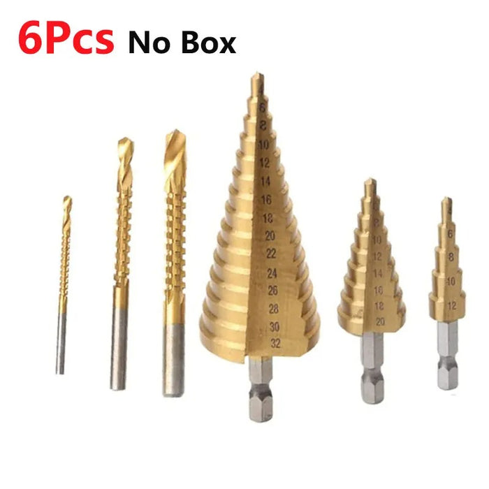 6-Piece Titanium Step Drill Bit & Milling Cutter Set – Precision Drilling for Wood & Metal (4-12mm, 4-20mm, 4-32mm, 3mm, 6mm, 8mm)