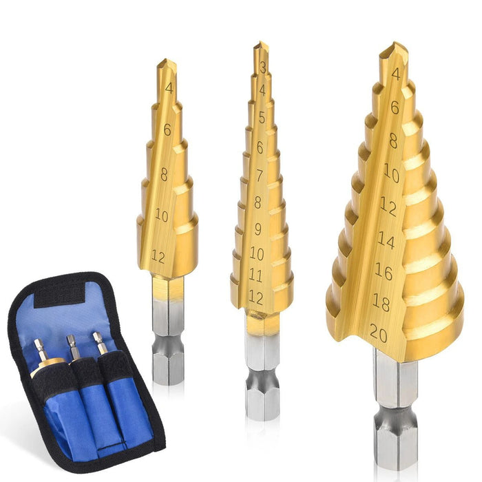 HSS Titanium-Coated Step Drill Bit Set – 3-12mm, 4-12mm, 4-20mm Cone Drill Bits for Wood, Metal & Steel