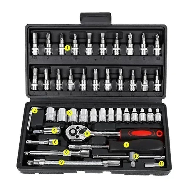 46-Piece Socket Wrench Set – Comprehensive Ratchet & Screwdriver Kit for Motorcycle, Car, and Household Repairs