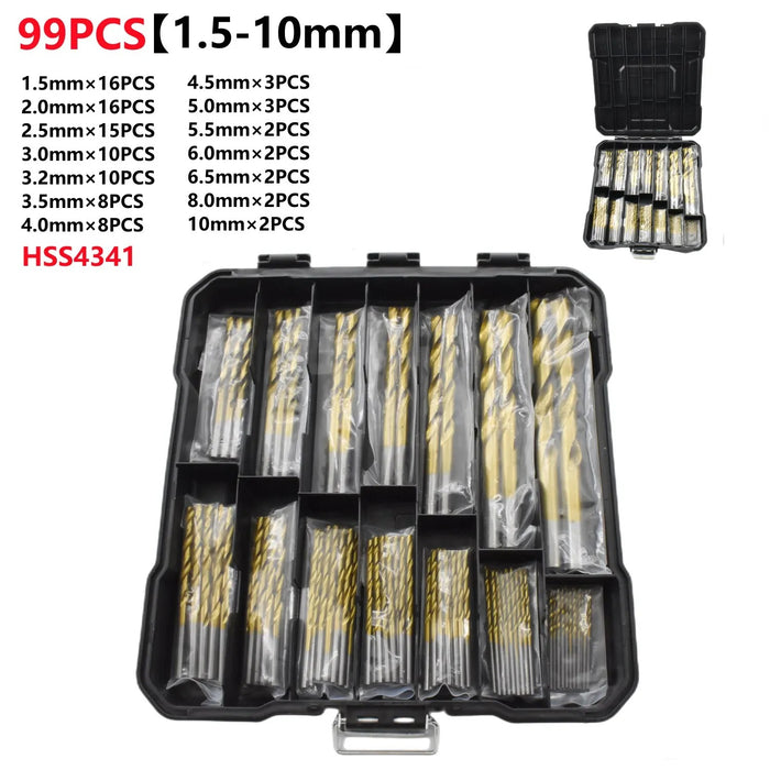 99pcs 1/4"-1/16" Twist Drill Set Anti-rust Wear Protection High Speed Steel Titanium Coated Drill Bit Landing